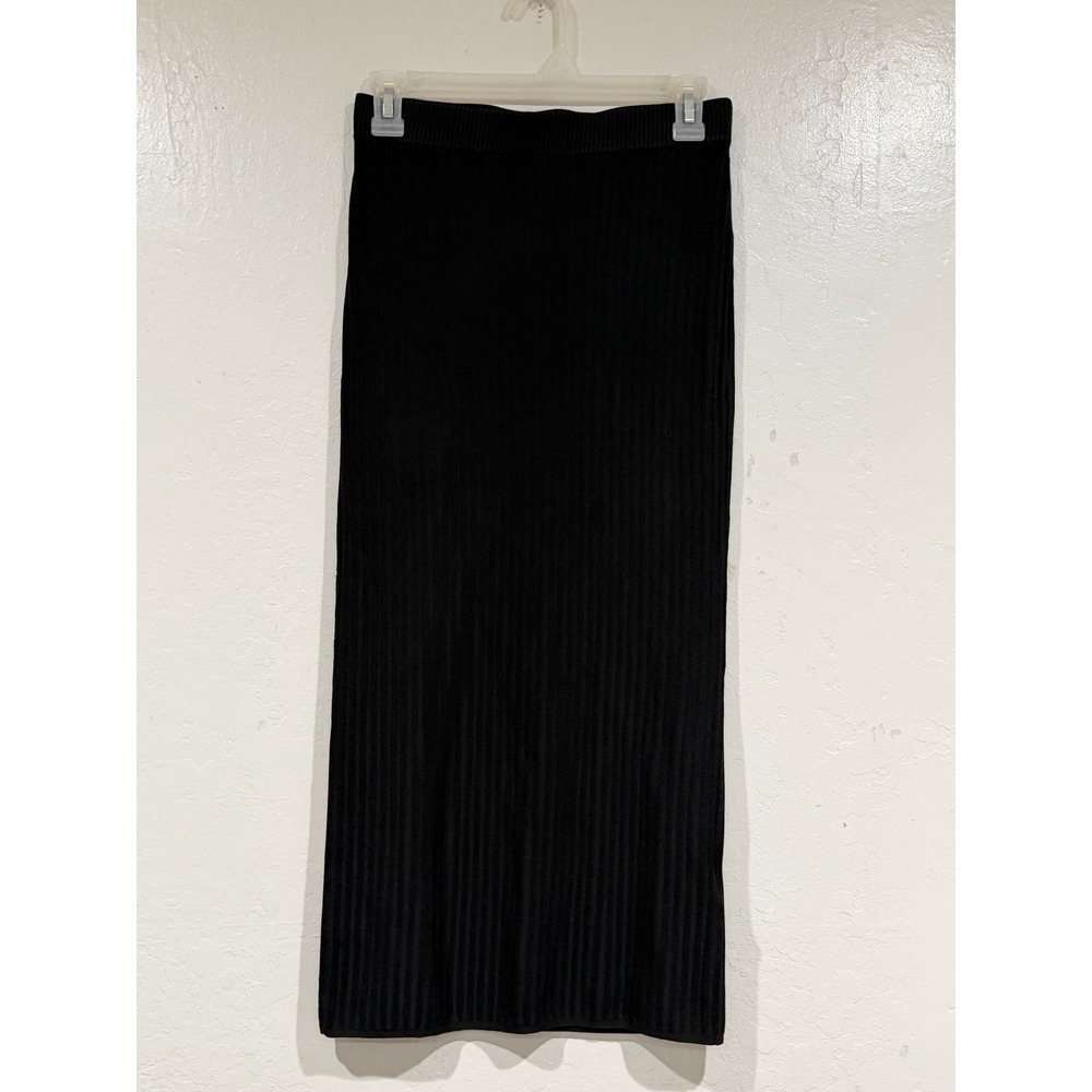 Reiss Iona Black Ribbed Knit Midi Skirt Size Medium Pleated Elastic Waist - Picture 2 of 8